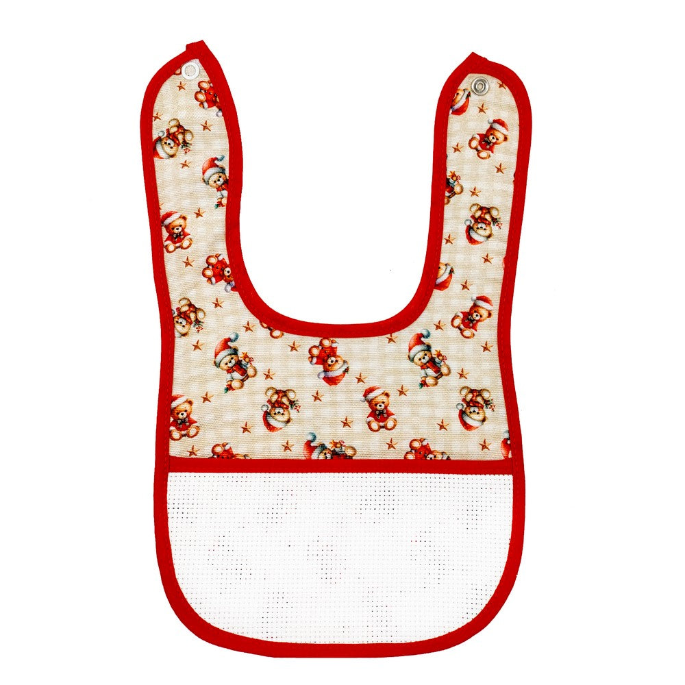 Bavaglino DIXEN cm.18x30 in tela stampata con etamine e tasca da ricamare