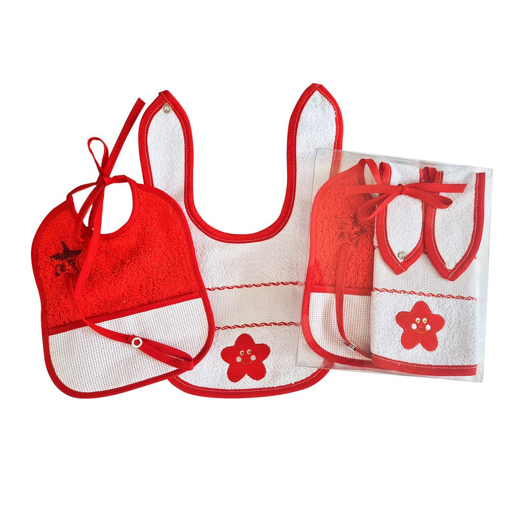 Confezione ARIETE:1 bavetta cm.18x30 da ricamare con bottone+1 bavetta cm 16x18 da ricamare e portaciuccio IN SCATOLA