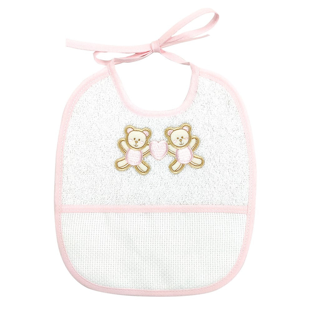 Bavetta COPPIA ORSETTI cm.20x23 con laccetti e tasca da ricamare