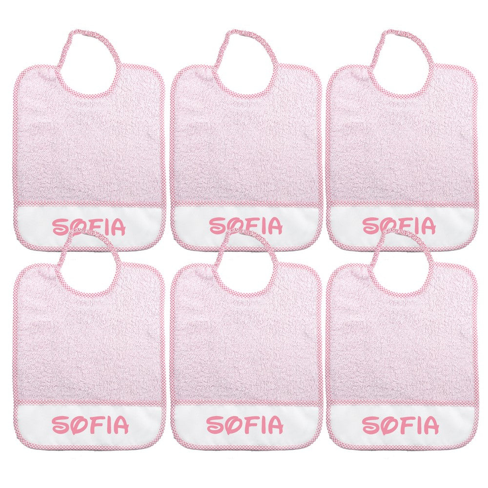 6 BAVAGLINI MAXI 29X36 con ELASTICO personalizzati con il nome che vuoi tu.