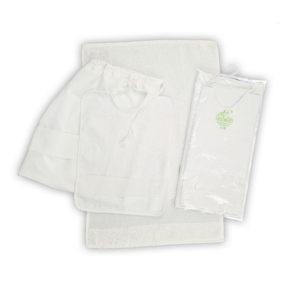 Completo 3 pz RICAMA TU: asciugamano+bavetta con elastico+sacchetto con banda da ricamare
