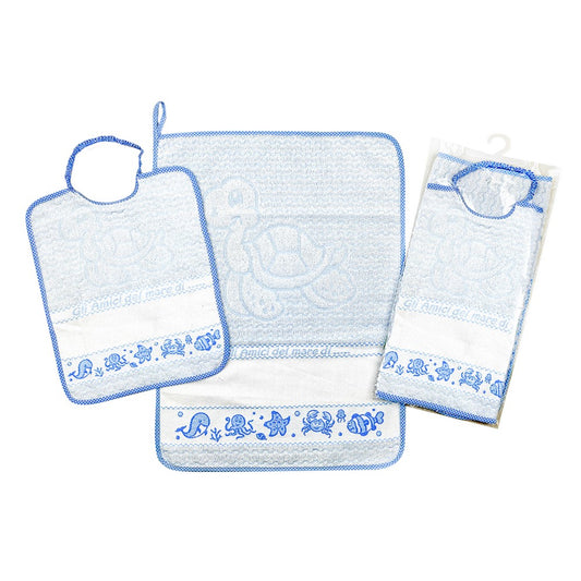 Compl.2 pz.AMICI DEL MARE:bavaglino cm. 28x33 con elastico +asciugamano cm.40x52 con banda da ricamare