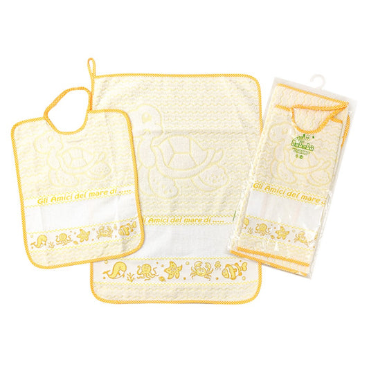 Compl.2 pz.AMICI DEL MARE:bavaglino cm. 28x33 con elastico +asciugamano cm.40x52 con banda da ricamare