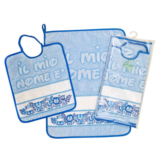 Completo 2 pezzi SAFARI:asciugamano+bavetta con elastico con etamine da ricamare