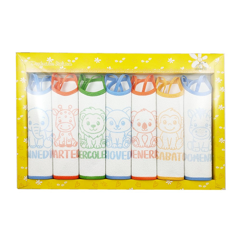 Confezione SETTIMANA BABY:7 bavette con laccetti in spugna plastificata