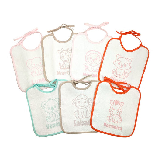 Confezione SETTIMANA BABY:7 bavette con laccetti in spugna plastificata