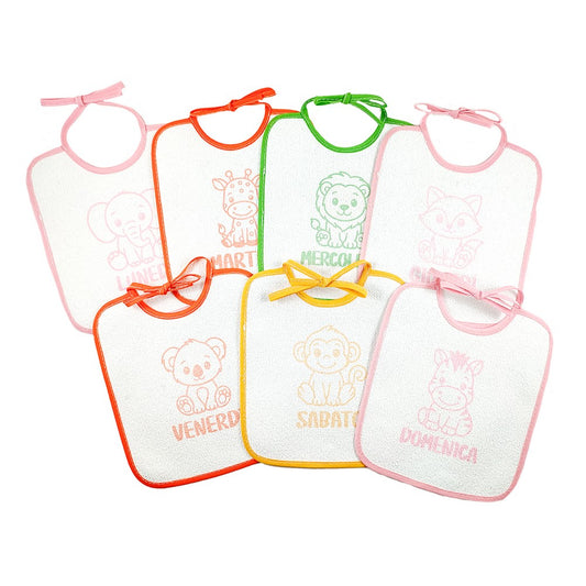 Confezione SETTIMANA BABY:7 bavette con laccetti in spugna plastificata