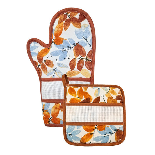 Bis forno SPRING:guanto forno+presina con banda in etamine da ricamare