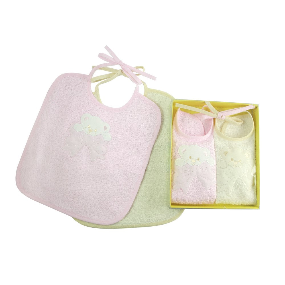 Bis bavette WINNIE:2 bavette cm.25x28 in spugna colorata con laccetti e applicazione - IN SCATOLA