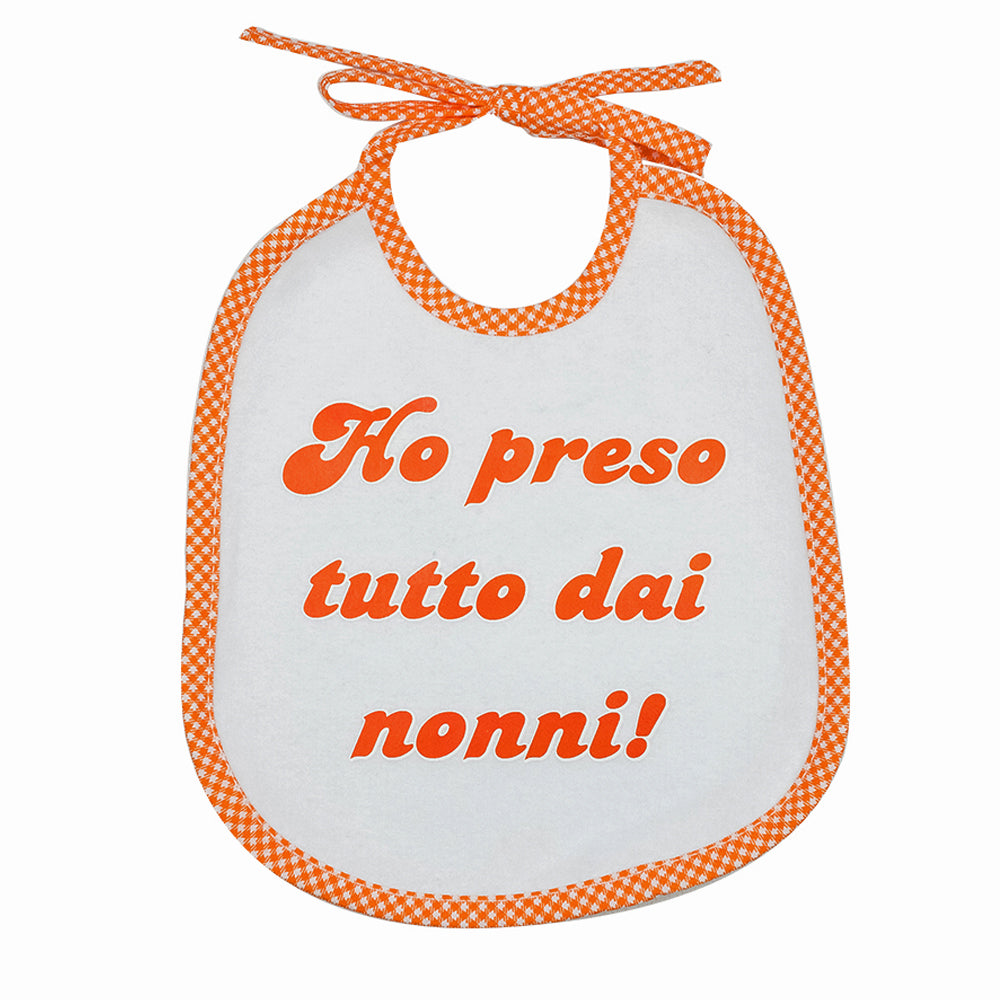 Bavaglino LE FRASI cm. 20x24 con laccetti e stampa con transfer
