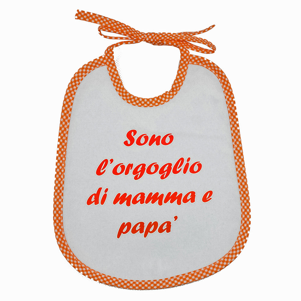 Bavaglino LE FRASI cm. 20x24 con laccetti e stampa con transfer