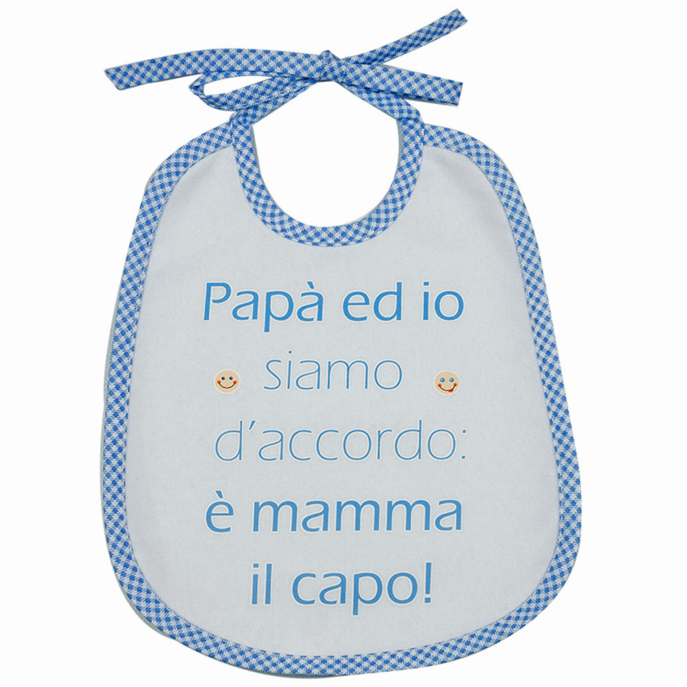 Bavaglino LE FRASI cm. 20x24 con laccetti e stampa con transfer