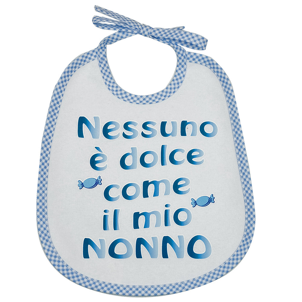 Bavaglino LE FRASI cm. 20x24 con laccetti e stampa con transfer