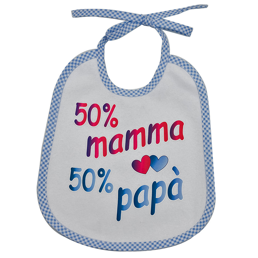 Bavaglino LE FRASI cm. 20x24 con laccetti e stampa con transfer
