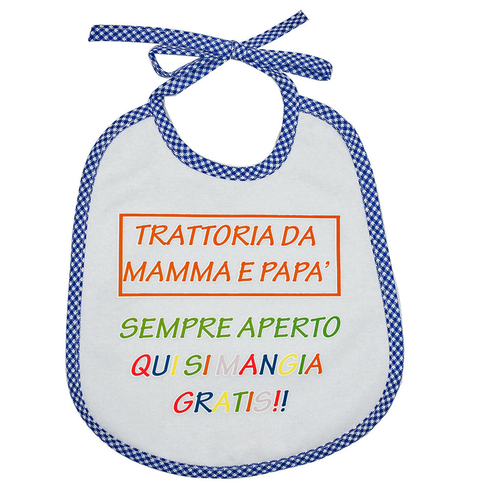 Bavaglino LE FRASI cm. 20x24 con laccetti e stampa con transfer