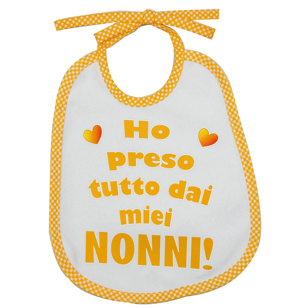Bavaglino LE FRASI cm. 20x24 con laccetti e stampa con transfer