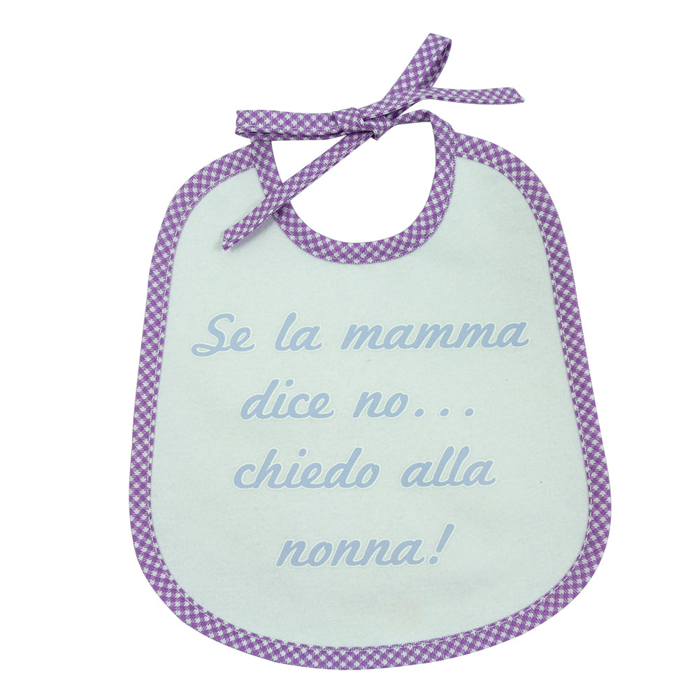 Bavaglino LE FRASI cm. 20x24 con laccetti e stampa con transfer