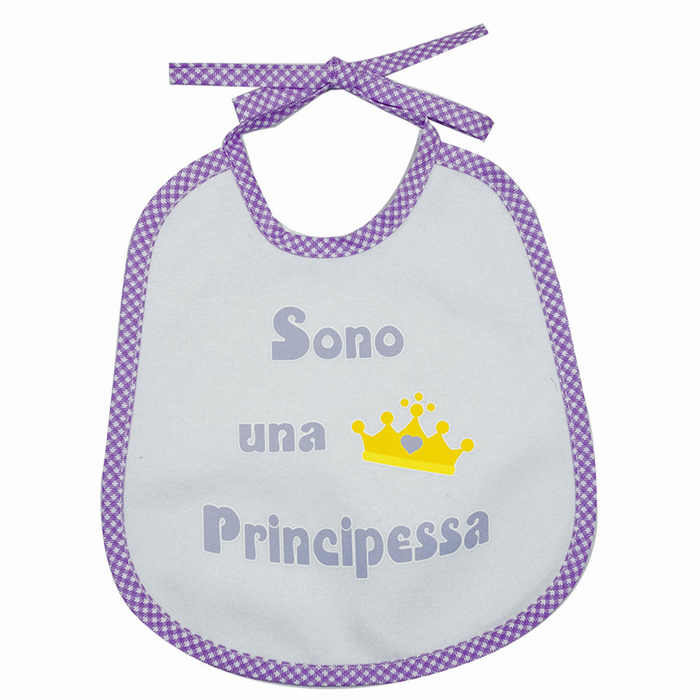 Bavaglino LE FRASI cm. 20x24 con laccetti e stampa con transfer
