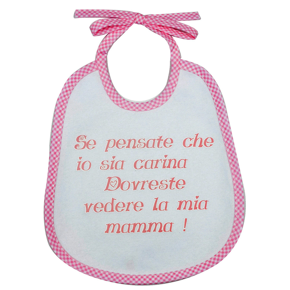 Bavaglino LE FRASI cm. 20x24 con laccetti e stampa con transfer