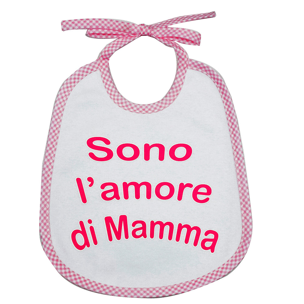 Bavaglino LE FRASI cm. 20x24 con laccetti e stampa con transfer