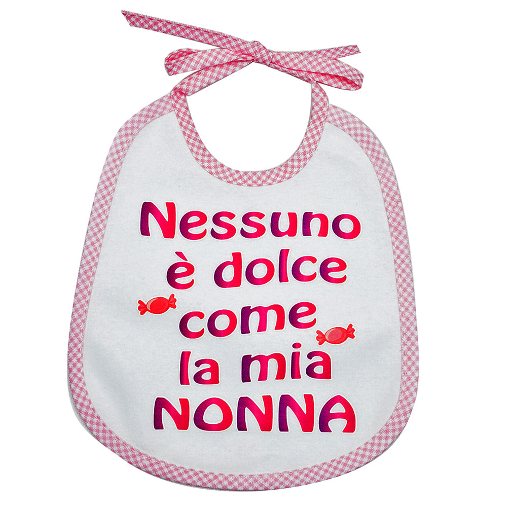 Bavaglino LE FRASI cm. 20x24 con laccetti e stampa con transfer