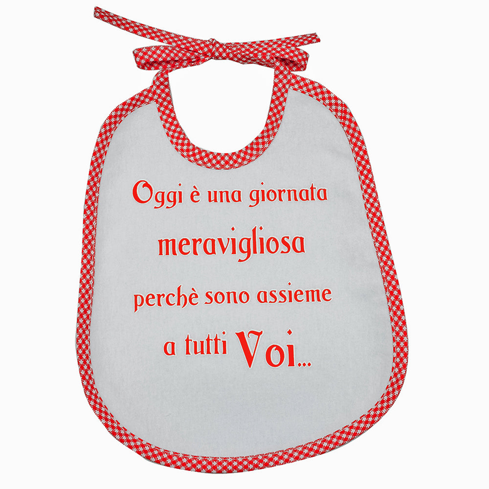 Bavaglino LE FRASI cm. 20x24 con laccetti e stampa con transfer