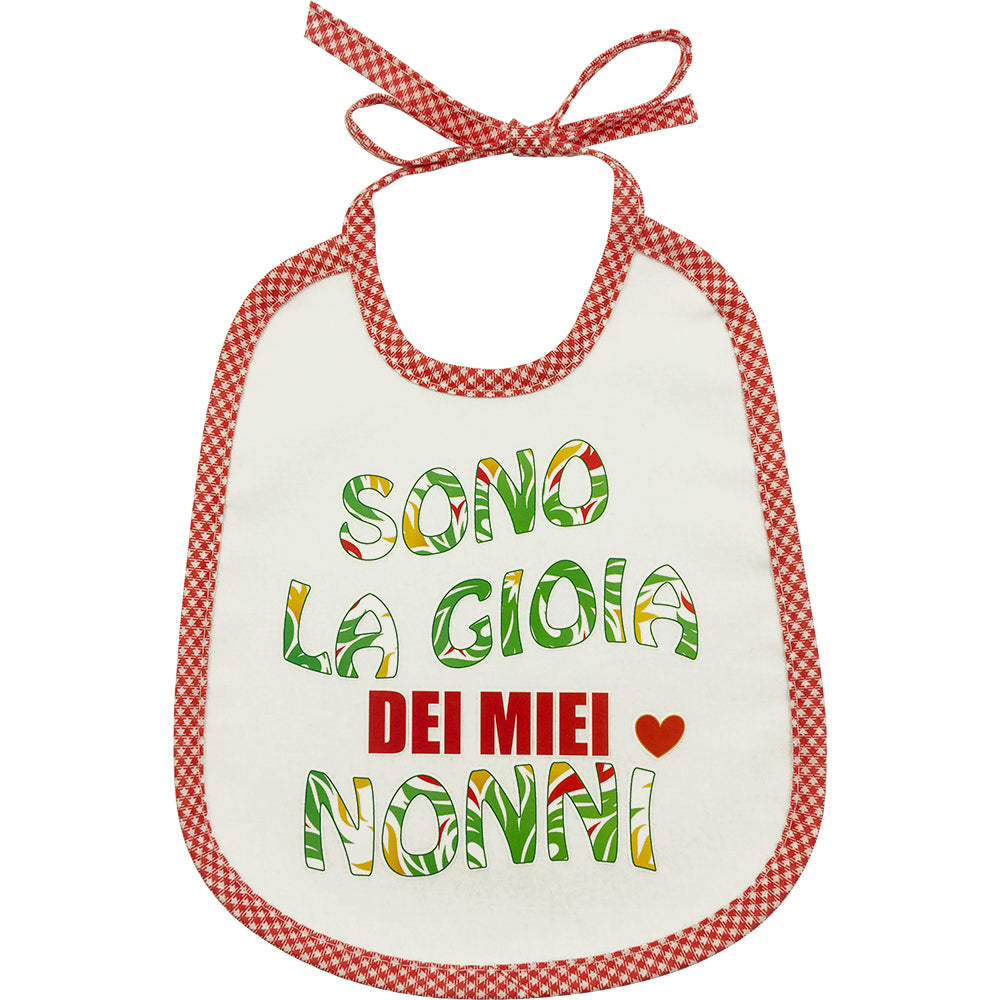 Bavaglino LE FRASI cm. 20x24 con laccetti e stampa con transfer