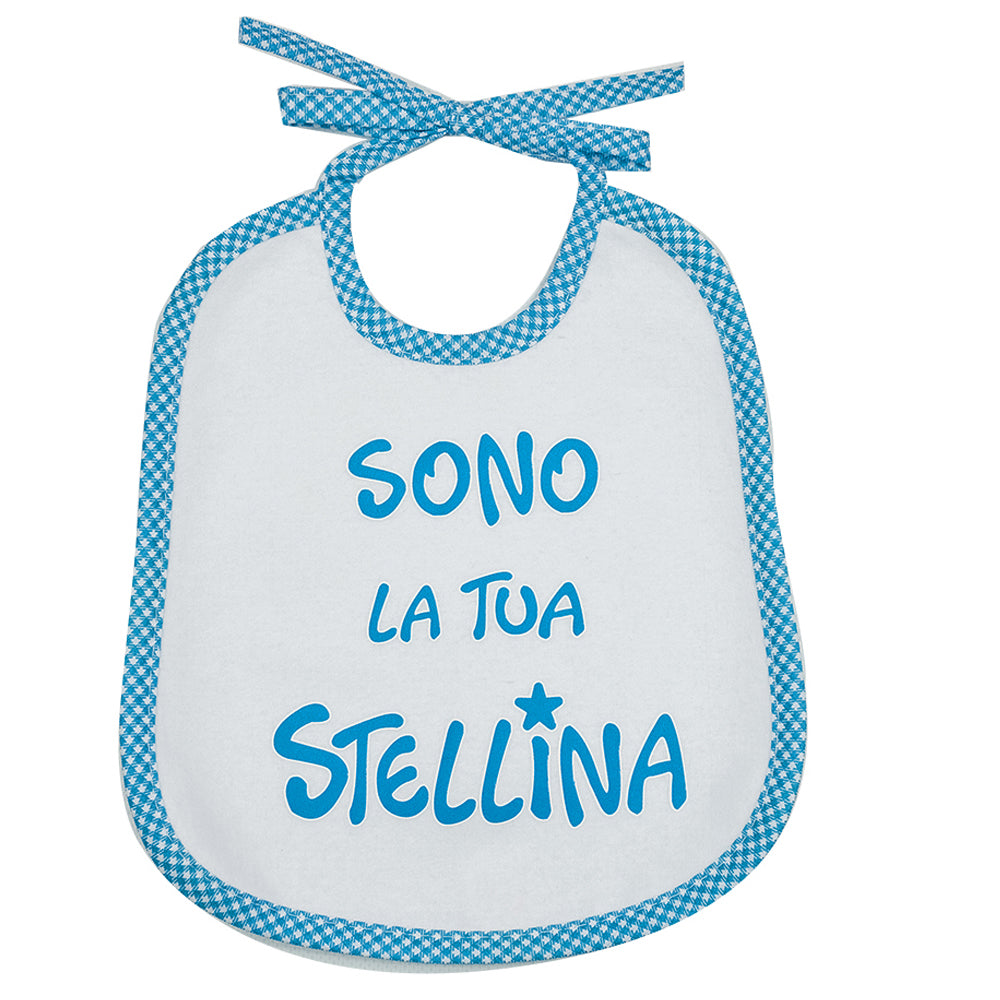 Bavaglino LE FRASI cm. 20x24 con laccetti e stampa con transfer