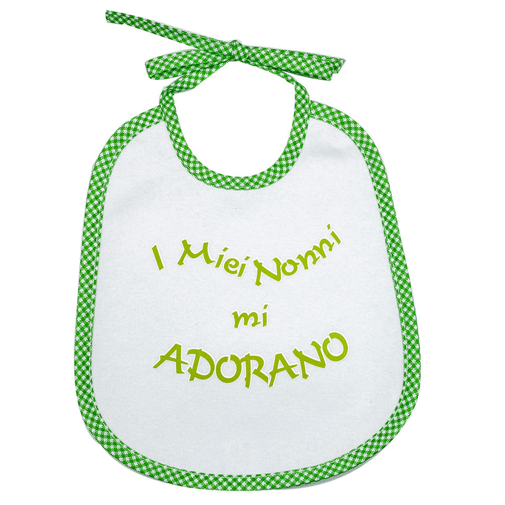 Bavaglino LE FRASI cm. 20x24 con laccetti e stampa con transfer