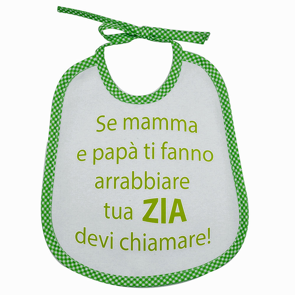 Bavaglino LE FRASI cm. 20x24 con laccetti e stampa con transfer