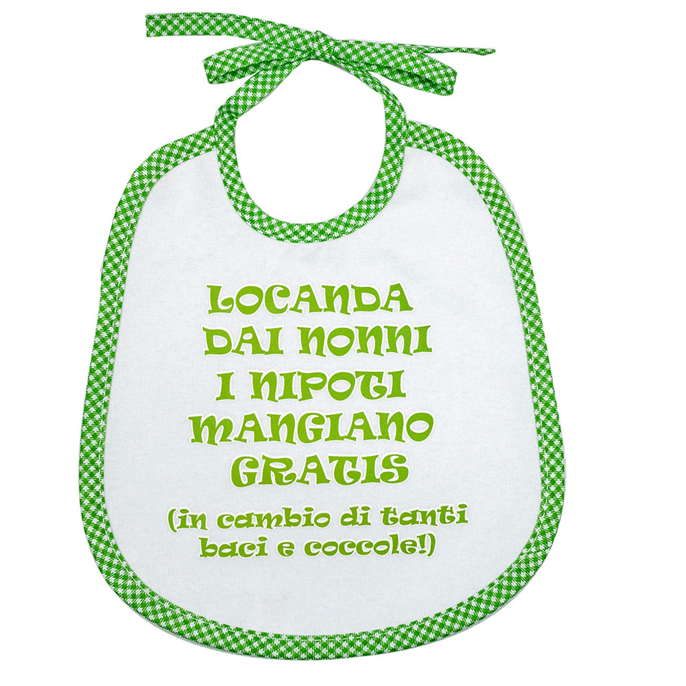 Bavaglino LE FRASI cm. 20x24 con laccetti e stampa con transfer