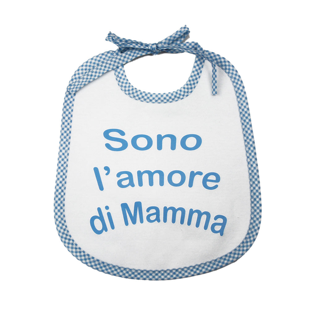 Bavaglino LE FRASI cm. 20x24 con laccetti e stampa con transfer
