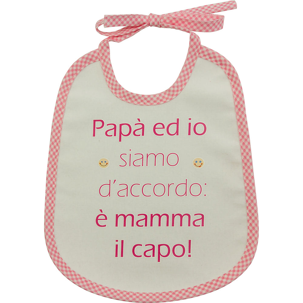 Bavaglino LE FRASI cm. 20x24 con laccetti e stampa con transfer