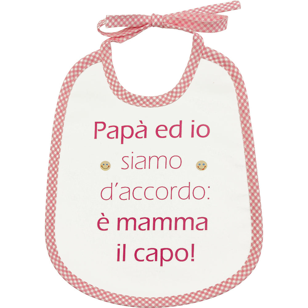 Bavaglino LE FRASI cm. 20x24 con laccetti e stampa con transfer