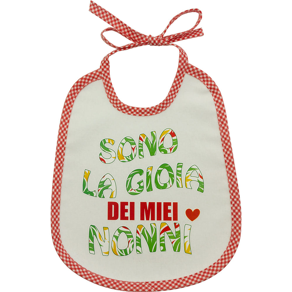 Bavaglino LE FRASI cm. 20x24 con laccetti e stampa con transfer