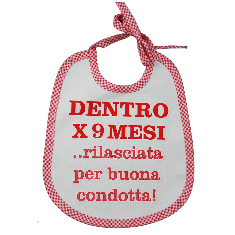 Bavaglino LE FRASI cm. 20x24 con laccetti e stampa con transfer
