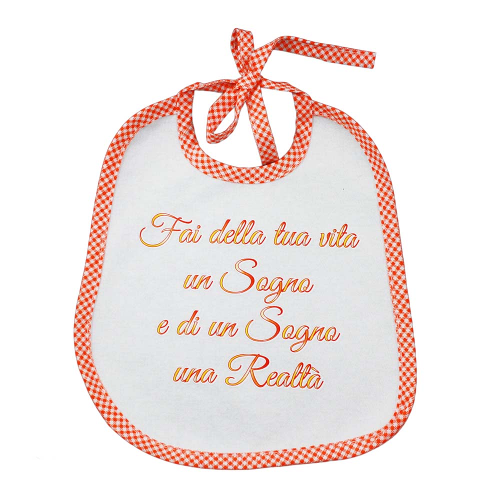 Bavaglino LE FRASI cm. 20x24 con laccetti e stampa con transfer