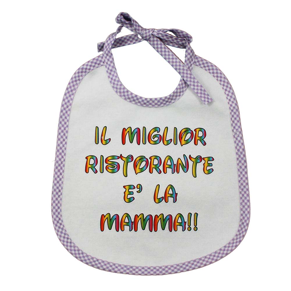 Bavaglino LE FRASI cm. 20x24 con laccetti e stampa con transfer
