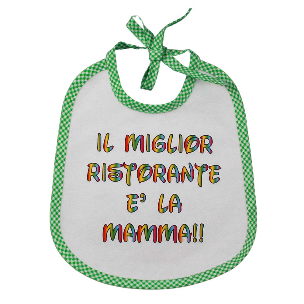 Bavaglino LE FRASI cm. 20x24 con laccetti e stampa con transfer