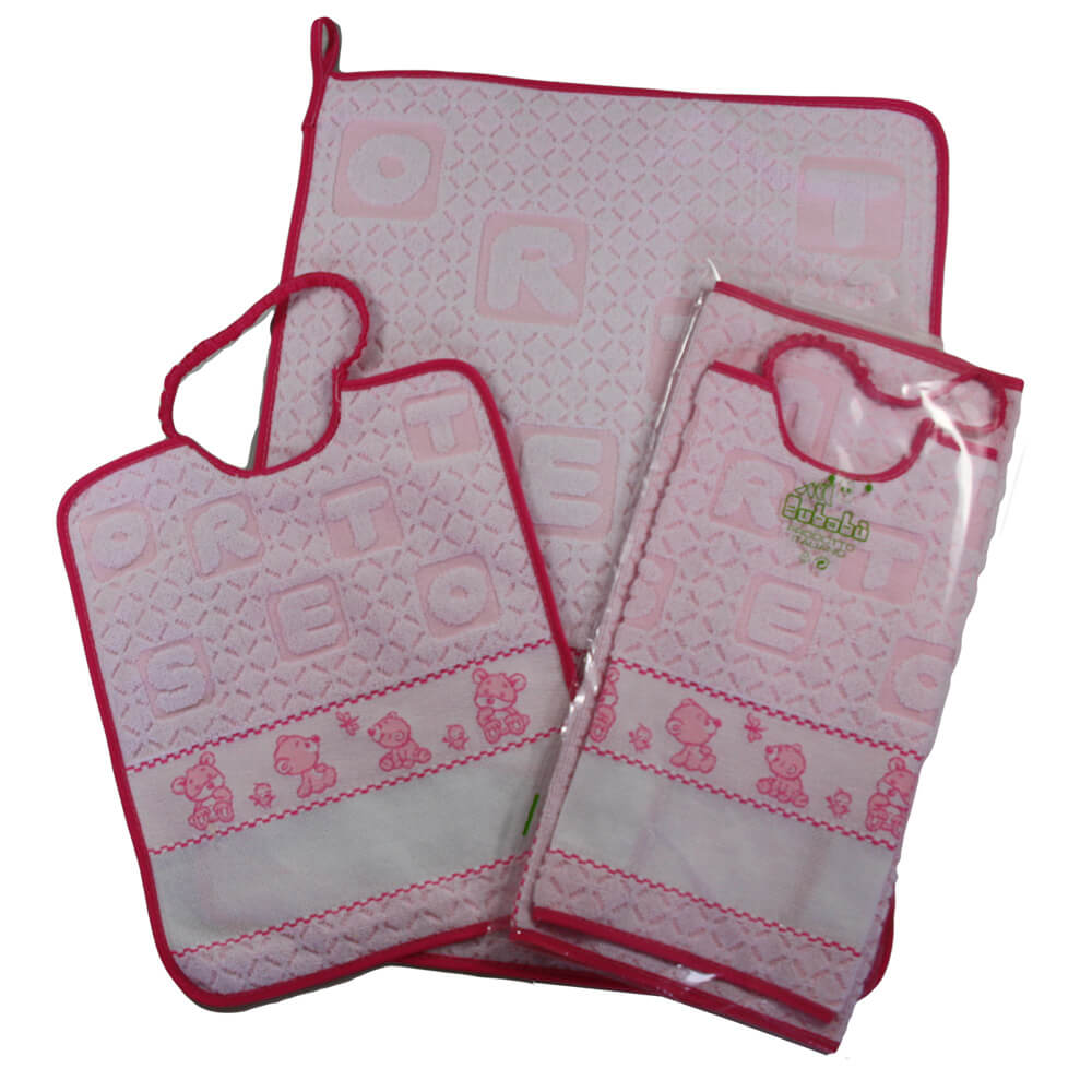 Compl.2 pz.ORSETTO:bavaglino cm. 28x33 con elastico +asciugamano cm.40x52 con banda da ricamare