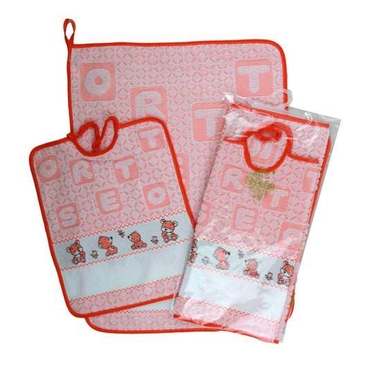 Compl.2 pz.ORSETTO:bavaglino cm. 28x33 con elastico +asciugamano cm.40x52 con banda da ricamare