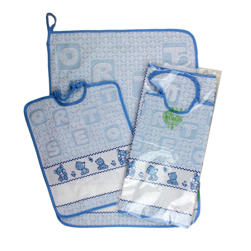 Compl.2 pz.ORSETTO:bavaglino cm. 28x33 con elastico +asciugamano cm.40x52 con banda da ricamare