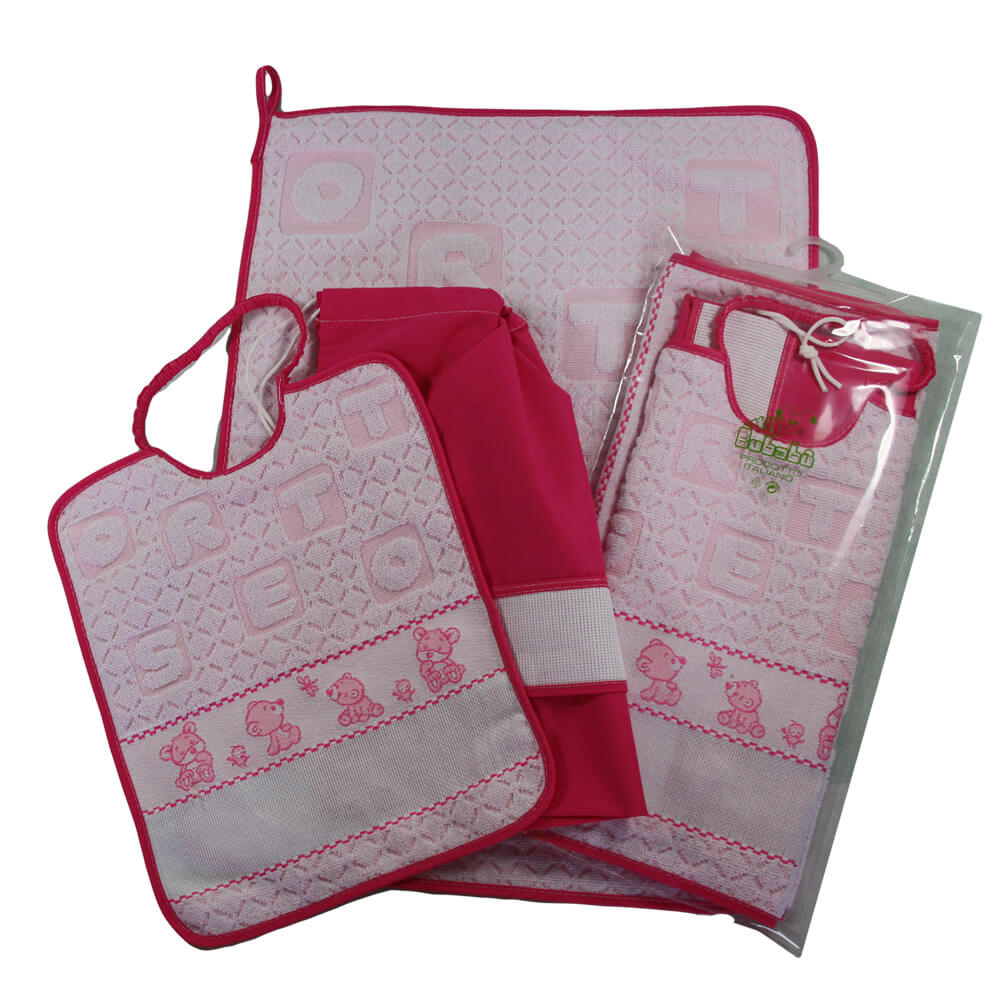 Compl.3 pz.ORSETTO:bavaglino cm. 28x33 con elastico +asciugamano cm.40x52 con banda da ricamare+sacchetto cm.34x38 da ricamare