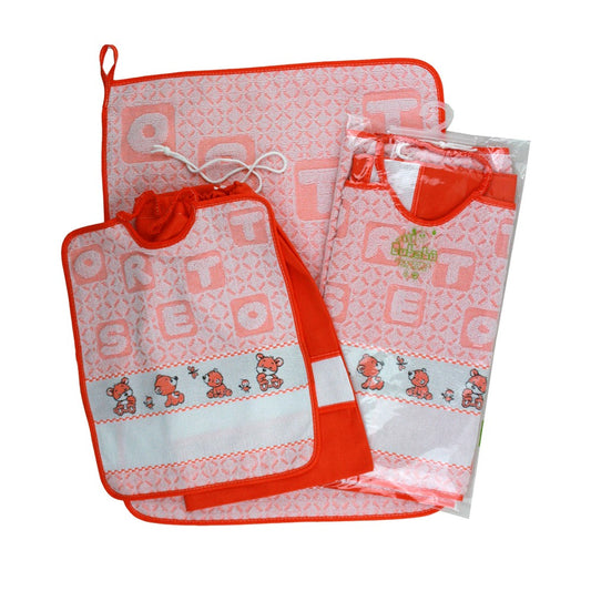 Compl.3 pz.ORSETTO:bavaglino cm. 28x33 con elastico +asciugamano cm.40x52 con banda da ricamare+sacchetto cm.34x38 da ricamare