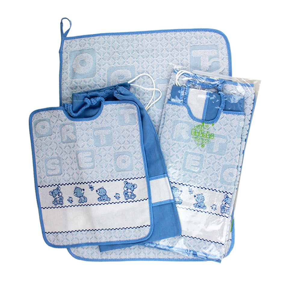Compl.3 pz.ORSETTO:bavaglino cm. 28x33 con elastico +asciugamano cm.40x52 con banda da ricamare+sacchetto cm.34x38 da ricamare