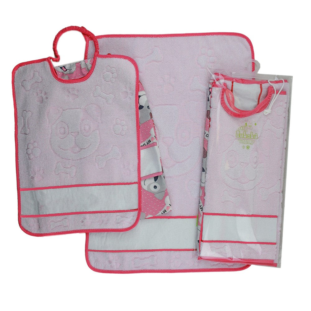 Completo 3 pezzi RUFY:asciugamano+bavetta con elastico+sacchetto tela da ricamare