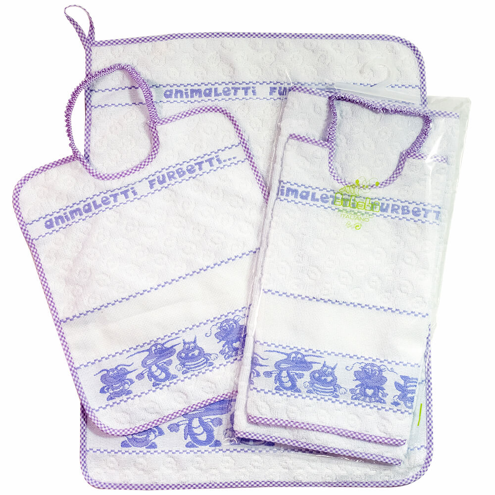 Completo 2 pz.ANIMALETTI FURBETTI:bavetta+asciugamano in spugna con etamine da ricamare