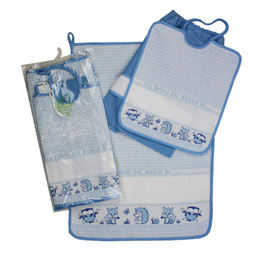 Completo 3pz AMICI DEL BOSCO:asciugamano+bavetta con elastico+sacchetto con banda in etamine da ricamare