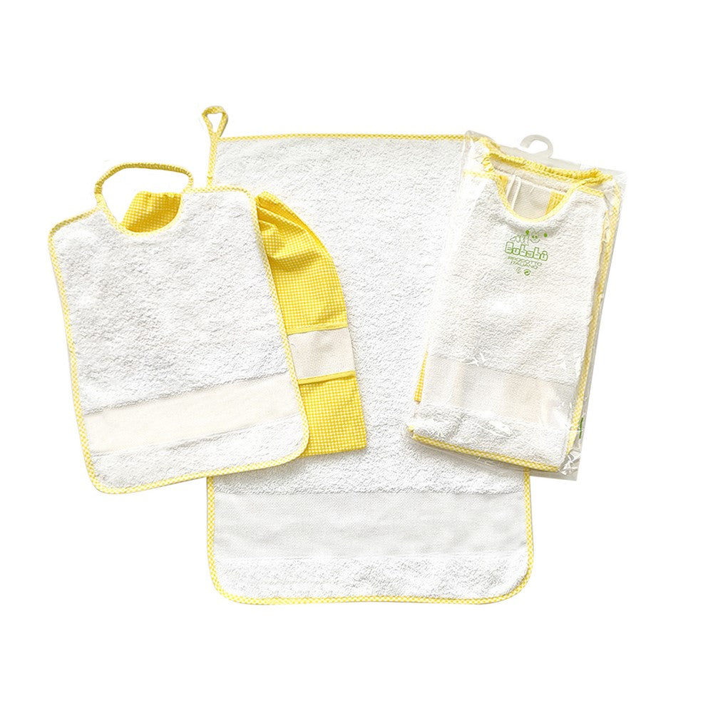 Completo 3 pz AIDA:asciugamano+bavetta con elastico+sacchetto quadretti cm.32x37 con banda in etamine da ricamare