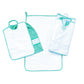 Completo 3 pz AIDA:asciugamano+bavetta con elastico+sacchetto quadretti cm.32x37 con banda in etamine da ricamare